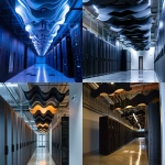 **a bright data center server room, with hanging wave sound baffles, lighted black servers, and felt sound panels on the ceiling and walls --v 6.0 --ar 3:2** - <@1048957466093813870> (fast)