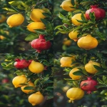 **Ultra realistic DSLR close-up photograph of a lemon tree branch with glossy elongated green leaves and whole bright yellow lemons, growing closely beside a pomegranate tree branch with dark green narrow leaves and several whole round red pomegranates with crown-like calyx tips, both fruits naturally overlapping in the same frame as if the trees grew side by side, natural outdoor lighting, soft golden hour sunlight, organic fruit textures with natural imperfections, hyper-detailed, 8k --ar 2:3 --v 6.0 --raw** - Variations (Strong) by <@1068890344428675213> (fast)