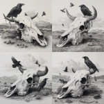**dibujo de cráneo de vaca con plumas colgando de sus cuernos en un paisaje desértico** - Variations (Strong) by <@1099054943794647211> (fast)
-# Create, explore, and organize on [midjourney.com](<https://midjourney.com/imagine?from_discord=1>)