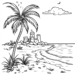 **A simple coloring page for children of A beach scene with sandcastles, palm trees, coloring page for kids in a monochrome style, simple with no details. for a simple black and white coloring page, line art, thick lines, easy to color. no shading lavender --v 6.1** - Upscaled (Subtle) by <@1201148944726638674> (fast)