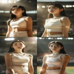 **<https://s.mj.run/BL_53ZbS-bc> a cinematic ultra-realistic full-body portrait of a Korean female ceremonial baseball pitcher standing on the mound before the first pitch in a bright stadium, referencing the face, body style, and pose from the provided image, wearing a tight stretch-fit sleeveless cropped sports top and short white spandex shorts, both in matching ivory or pure white tones, made of thin high-performance fabric, no logos or text, toned athletic physique, confident expression, sunlight illuminating her figure, blurred cheering crowd in the background, cinematic lighting, natural skin texture, 9:16 vertical frame --v 6.0 --ar 9:16 --no watermark --raw** - <@1404035603569311864> (fast)