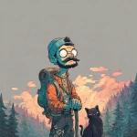 **<https://s.mj.run/RTecCqauTFQ> Reimagine this clean cartoon illustration in a painterly, atmospheric style. Use muted earthy tones blended with halloween colored pastels, textured brush strokes, and hazy gradients in the sky. Hiking through the forest with his cat. In the Pacific Northwest near the mountains during blue hour. Apply loose, expressive linework with subtle shading, crosshatching, and worn textures. Add depth and warmth through cinematic lighting and moody color grading. Expressions should remain exaggerated yet nuanced, balancing humor and melancholy within an atmospheric, storybook-like setting. Color Palette: 20% pastel periwinkle 40% pastel cotton candy 20% pastel sekura pink 10% pastel celadon 10% pastel black** - Image #1 <@757787837981786134>