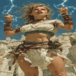 **The druid priestess stands among the ancient ruins. Her fingertips crackle with lightning as she summons the powers of the gods. Muscles visibly strained, it is almost more than she can bear, but she is determined. Though her teeth are gritted, her expression is resolute. --ar 1:2 --s 750** - Image #1 <@344228814332887040>