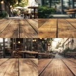 **Close up of empty wooden surface. Cafe exterior background. Mock up hyper realistic --ar 3:4** - <@1134564384883093594> (relaxed)