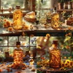 **A golden herbal oil infusion in an amber glass bottle glowing with warm sunlight, surrounded by fresh chamomile, calendula petals, and St. John’s Wort flowers, placed on a rustic wooden table with soft morning light streaming through, a citrine crystal nearby radiating subtle golden light, realistic photography, high detail, natural textures, earthy and radiant atmosphere, botanical apothecary style --v 6.0 --s 750** - <@1090630909448949831> (fast)