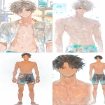 **I draw high quality detailed full body illustration of k-pop male idol character. Full body. Front shot of a handsome, toned figure. Short Black hair. Hairstyle with one eye hidden. Male eyes. black eyes. Fierce smile. Wearing swim shorts. Full body shot --no shirt,t-shirt,tank-top,coat,robe,towel,hoodie,jacket,crossed-arm --ar 9:16 --sref 3284224::1 20240919::0.5 800401977::1 --profile xxkcadh --stylize 180 --niji 6** - <@409716268476923920> (fast)