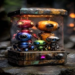 **<https://s.mj.run/8ZWPiUwi6E0> <https://s.mj.run/Zy-CetMk3hk> prizes in an old rundown alien claw machine, Cute Pixar style robots, family made of iridium and rust, red, blue, green, orange, yellow, black, silver, seen thru the glass, black background, sref 129797111 --ar 4:7 --profile xq1185d --v 7.0** - Image #2 <@1002947002323185734>