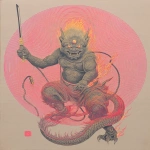 **Full-body wrathful deity Fudo Myoo, riding a dragon, right hand holding a sword, left hand holding a rope, eyes glaring fiercely, sharp fangs biting upper lip, surrounded by raging flames symbolizing the power to vanquish demons, dynamic action pose, highly detailed, dramatic cinematic lighting, dark fantasy, intricate textures, black and grey with small flashes of colour, full body visible, epic composition, Samsara style --ar 5:6 --raw --sref 3968694994 91748 --p lk8uhr6 --q 4 --v 7.0** - Image #4 <@1209615304372658177>