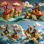 **Felt marionette adventure heroes riding on giant plush turtles through a patchwork sea, soft textures, tactile stop-motion style, children’s storybook energy --v 7.0 --raw** - <@1017562001381265439> (fast)