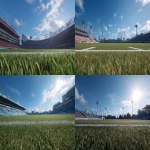 **the view from on the field of a small football stadium in the style of EA FC. Green grass, clear blue skies. --ar 16:9** - <@847316063481102406> (fast)