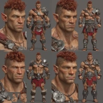 **Character design sheet. Realistic 3d rendering. Character design sheet of a ruggedly handsome, Hyper muscular handsome half orc, bodybuilder, bright silver eyes, short curly red Mohawk, short pointed ears, defined muscles, Huge leg muscles, huge pectoral muscles, big arm muscles, vascular hyper muscular, wide Grecian nose, strong square jaw, defined cheek bones, masculine features, freckles, Bodybuilder, short pointed ears, wearing Roman gladiator armor. --v 7.0** - Variations (Subtle) by <@1222981214734913607> (relaxed)