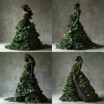 **A high fashion botanical sculpture designed as a couture gown, entirely covered in meticulously arranged lush green leaves and natural textures, elegant silhouette with exaggerated shapes, styled like an editorial fashion shoot, dramatic studio lighting, soft shadows, minimalist backdrop, wearable art meets sculpture, luxury nature-inspired design, avant-garde fashion photography --ar 3:4 --v 6.0 --raw** - Variations (Strong) by <@1137663032605028362> (fast)