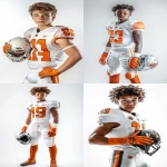 **high-key bright white background sports portrait of a 14-year-old American football player in full pads, shown from head to thigh in a strong upright stance, holding his helmet naturally by his side with one hand, looking powerfully toward the camera with intensity, clean white jersey with burnt orange numbers and details, burnt orange accents on gloves, pants stripes, and helmet, detailed athletic uniform with crisp textures, modern gloves and gear, dramatic clean studio lighting with glowing highlights and sharp contrast similar to professional team media day photos, cinematic sports photography style, ultra-detailed, vibrant and realistic, professional sports portrait composition --ar 2:3 --v 6.1** - <@1007029574430892245> (fast)