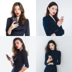 **stylish Asian woman age 25-27, long light brown hair, bold red lips, red manicured nails, dressed in a fitted navy office outfit, standing coolly at a 45-degree angle, using smartphone, low angle shot from below, looking powerful and elegant, white studio background, fashion editorial style, 4K** - <@427615579231485956> (fast)