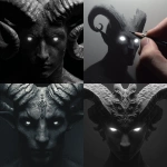 **Design a greyscale hyperrealism, shadow figure with glowing white eyes and horns** - <@1116424656908464158> (fast)