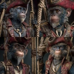 **lion tamarind monkey, dark blue and gold fur, airship pirate wearing weathered leather vest and crimson captains hat, necklace with large dragon tooth pendant, swinging from ships rigging with a sword, photorealistic, character profile** - <@271696906097393695> (fast)