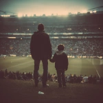 **father and son holding hands in a football stadium, they are far from the photo, fans in the background** - Image #4 <@450124934837043201>