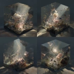 **a biomechanical aviary floating inside an infinite mirrored cube, feathered serpents coiled around antenna towers made of glassbone, moonstone-hatched insects projecting dreams as holograms, cascading looped waterfalls falling upwards into negative space, cathedral-sized lungs breathing fog into crystalline orchards, gravity tilting sideways as flaming koi orbit fractured obelisks, photorealistic shimmer on liquid marble floors, hollow suns suspended by silver thread, humanoid shadows stitched to air by gold needles, flocks of origami beasts unfolding mid-flight, moonstone vines crawling across pulsating skylights, pink lightning caught inside translucent prism trees, ancient machine-animal hybrids frozen mid-dance, everything reflected in a pool that doesn't exist --v 7.0 --p 3yk8su5** - Variations (Strong) by <@1077492926550134864> (fast)