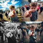 **close-up of a boy's finger pointing at the camera, blurry kids in the background, schoolyard setting** - <@1014234226171858944> (fast)