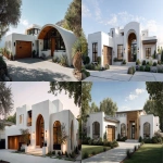 **front driveway view of soft modern house with arched windows, white stucco, and wood accents --ar 16:9 --v 7.0** - <@409035117881982988> (fast)