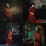 **Oil painting, moody lighting, prominent brush strokes, elderly grey haired Chinese woman dressed in a tattered and dirty red Qun Kwa wedding dress, Zhang Xiaogang's style, Painting on wall, family photographs, gazing into a dirty mirror in a dingy apartment, by Zhang Jingna, , melancholic atmosphere, tattered robot companion, laptop computer --ar 5:4 --v 7.0 --no star wars characters --chaos 5** - <@988364629556199494> (fast)