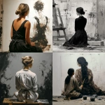 **paint with oil with big brush , black /white/brown a woman sitting the is seen only from the back** - <@1133089372963602452> (fast)