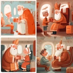 **Saint Nicholas gives a gift to a child in the airplane cabin, a cute commercial illustration in light orange white and bright red tones, adding an atmosphere of Christmas and magic --v 7.0** - <@1178911175929499672> (fast)