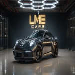 **a ultra realistic high quality photo of a porsche 911 inside a clean dark showroom with a hegagon light above the porsche reflecticting in its dark black paint standing infront of a wall with the text "LME CARS" in gold --ar 16:9 --v 7.0** - Upscaled by <@1044962652931248128> (fast)
