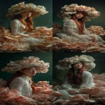 **a portrait of an asian woman with long red hair, wearing a white lace dress and a large hat made from mushrooms and flowers, surrounded by many pink oyster mushrooms in a dark green studio background, with soft, warm light and muted colors, in the style of hyper-realistic photography. --ar 71:128** - <@267082272199409666> (fast)