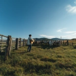 **back view of a man singing and playing acoustic guitar at a natural countryside dairy farm in Daegwallyeong, cows gathered in front of him watching, a low wooden fence separating the man and the cows, the man positioned on the left side of the frame, standing on a vivid green grass field, surrounded by open blue sky and gentle hills, wearing casual modern Korean clothing, warm afternoon sunlight, realistic style, peaceful rural atmosphere, shot on iPhone video, wide-angle lens perspective, sharp focus across entire scene, no blur, no depth of field effect, low bitrate look, slight codec compression noise, cinematic composition, smartphone quality not DSLR** - Image #3 <@594852042581999617>