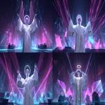 **a conceptual boss design of the game 'Rez', shows the player high-tech structures in a low-poly style.the boss should be designed and be the main object in the picure, a low poly retro neon portrait of an abstract low poly man with a pair of hands covering her eyes. she is wearing white and gold robes, and there is a halo behind her head. the scene conveys a sense of motion as the beams from the laser guns hit different parts of the structure. the environment has simple geometric shapes that indicates mirrors and library and the scrolls, and the dark background is complemented by the game's use of bright neon colors and glowing effects to create a sense of depth and excitement. the structure should have a religous feeling. --ar 16:9** - Variations (Strong) by <@816916814089027595> (fast)