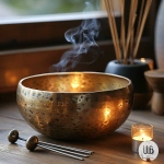 **Realistic close-up of a Tibetan sound bowl placed on a wooden meditation floor, surrounded by soft candlelight. Two silver tuning forks rest neatly beside the bowl. Wisps of incense smoke drift in the background on a window sill. The lighting is warm and diffused, with natural shadows and subtle highlights on the bowl’s rim. The setting feels calm, sacred, and minimalist no people, no clutter. Emphasize texture detail on the brass bowl, the wood grain beneath it, and the glow of the candles. Photography style: ultra-realistic, depth of field focus, peaceful atmosphere, high-resolution professional studio lighting. --v 6.0 --s 750** - Image #2 <@1090630909448949831>