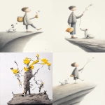 **The Fool tarot card. The image depicts a young man with one foot on the edge of a cliff, holding a small stick with a small package and a small white rose in his hand, and a dog at his feet. --ar 7:12 --sref <https://s.mj.run/7Pc5aa8BRXU> --profile 4mtwbir** - <@409716268476923920> (fast)