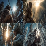**cinematic image fantasy of a viking nord wearing fur high on a pine forest mountain holding up a sword in the epic sun flair, winter --ar 16:9** - <@472489791414337556> (relaxed)