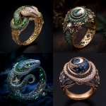 **A ring featuring a lunar snake and crescent moon, macro shot, intricate star scales, jade highlights, dark background, Kawacy, Tetsuya Nomura, Amy Soli --chaos 22 --profile to2jppg --stylize 877 --v 6.1** - <@737838707222118501> (fast)