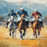 **side profile view of polo players on horseback in motion, mid-game on a wide open grassy field, horses and riders in full stride, wearing classic Ralph Lauren inspired attire white jodhpurs, navy or burgundy polo shirts, polo mallet in each of their right hands leather boots countryside backdrop, oil painting style, impressionist brush strokes, warm golden tones, soft natural light, with a vintage photo filter effect, aged film look, timeless luxury atmosphere closer up view --ar 2:3 --s 250** - Image #1 <@1114281369015689226>