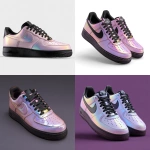 **custom air force 1 shoes designed as an iridescent light pink colorway. the shoe laces should be black leather. the nike check should be black. resolution is hyper realistic. show details in the leather material.** - <@917332670239895563> (fast)