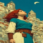 **Princess in castle with 🌈 🐲. Style of Moebius, Alphonse Mucha, and Maxfield Parrish. --c 45 --ar 1:2 --v 7.0 --s 750 --raw** - Image #3 <@344228814332887040>