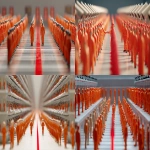 **The Panopticon, bad human storage facility, identical miniature orange figures in perfect rows, straight red line, surveillance, disguised hidden CCTV cameras, background, balanced composition, oil --ar 2:1 --raw** - <@744210433703018499> (relaxed)
