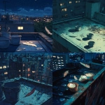 **The time is night, and on the large rooftop of an old apartment building, three or four empty buckets are rolling around, beautifully shining transparent reptile scales are scattered all over the place, and a beautifully shining bird feather is placed in the corner. Please do it in Ghibli animation style. --v 6.1 --ar 35:52** - <@1107492289116373013> (fast)