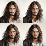 **on a white background, color chalk drawing of a very beautiful model man portrait with long dark brown shouler length hair and deep warm captivating eyes, staring at me looking like Jesus Christ, and God --v 5.2** - Variations (Subtle) by <@1037958970922512454> (fast)