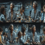 **<https://s.mj.run/PYnL-FqZikk> A realistic photo of an older Black woman in her fifties with short natural hair, wearing comfortable casual clothing typically worn at home in the evening. She sits slightly off-center in a colorful kid’s playroom, surrounded by her young grandchildren who are enthusiastically playing a fast-paced game. She looks confused but amused, clearly trying to keep up with the rules, her hands half-raised in mid-gesture. The room is filled with toys, scattered game pieces, books, and playful wall decorations. Soft, warm lighting fills the space, while abstract light reflections and ripple patterns subtly animate the background, symbolizing memory, learning, and generational gaps. The composition has shallow depth of field, cinematic lighting, natural gestures, and rich contrast. Captured in the style of a Canon EOS R5 with an EF 8mm lens, f/2 aperture, ISO 30, hyper-realistic textures, sharp focus, subtle motion blur, domestic warmth, humor, intergenerational connection, quiet vulnerability --sref <https://s.mj.run/8vJIROiTC18> --aspect 16:9 --s 250** - Variations (Strong) by <@1220830039520841890> (fast)
-# Create, explore, and organize on [midjourney.com](<https://midjourney.com/imagine?from_discord=1>)