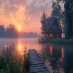 **cinematic animated-style scene, arthouse animation film quality, visual poetry, serene lakeside at sunrise, warm amber and soft pink sky, gentle morning mist slowly drifting across still water, cozy wooden cottage with subtle warm interior glow, surrounded by quiet forest and wildflowers, small wooden dock with faint lantern light, calm boat resting on water, dreamlike atmosphere inspired by continental drift, sense of slow time and quiet continuity, painterly lighting, soft cinematic color grading, subtle film grain, shallow focus, balanced composition, minimal visual noise, timeless atmosphere, seamless loop-friendly scene, no dramatic motion, no strong contrast, fantasy realism, not photorealistic, relaxing jazz mood, deeply calming and healing, no people, no text, no logos --ar 16:9 --v 6.0 --s 900 --raw** - Upscaled (Creative) by <@1364091927640670238> (fast)