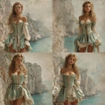 **a fantasy white girl with tanned olive skin and curls in dirty blond hair to her waist. She wears a tea length dress in soft sea foam green with cream color accents. She stands before a tall cliff by the sea and looks like a model. She should look drawn by an artist and realistic and perfect. It should be very fantasy pirate inspired.** - Variations (Strong) by <@1409384572613034007> (fast)