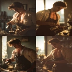 **a young man inspired by Ganymede, working as a barista in a modern café, gently pouring coffee into a cup for a customer, wearing a loosely tied apron, fit and graceful build, nice chest, nice abs, warm morning sunlight streaming through large windows, soft golden highlights on his face and arms, classical Greek design motifs subtly integrated into the café interior, cinematic and dreamy photography, --ar 2:3** - Remix (Strong) by <@358254535862648853> (fast)