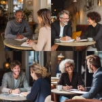 **Agent & Client Conversation - A friendly insurance agent sitting at a small round table with a couple or individual, smiling, making notes, leaning in attentively. - Natural light, cozy office or coffee shop setting. - Body language showing listening and understanding. photo realistic** - <@1400526305061109866> (fast)