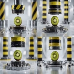 **a iconic ASMR hydraulic press (cylinder) with its iconic black and yellow stripes. A high detailed kiwi fruit made out of glass is standing in the middle of metall plate. clean minimalistic white studio background setting, bright, sterile lighting, reflections on the polished metal and crystal facets, beautiful destruction, high resolution --ar 4:3** - Variations (Strong) by <@672875703666081795> (relaxed)