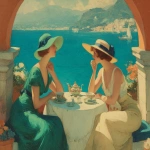 **<https://s.mj.run/kpWIqgf0c1A> pochoir illustration, hand-stencilled color, art deco fashion plate of two elegant women sharing afternoon tea on a sunlit terrace overlooking the Mediterranean, French Riviera, early 20th-century elegance, Pastel colors, planar composition, compressed depth, wide-brim straw hats with ribbons, provocative flowing dresses, intimate feminine friendship, relaxed posture, gossip, porcelain teacups and floral bouquet on a white tablecloth, turquoise sea with a small boat in the distance, arched terrace framing the view, late afternoon light, dreamy atmosphere, romantic, calm, aspirational lifestyle, timeless femininity, gentle color harmony, interior-design friendly, nostalgic yet modern, Pastel colors --ar 5:4 --stylize 200 --chaos 12 --v 7.0 --iw 0.2 --no orange dress** - Image #3 <@988364629556199494>