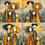 **whimsical photorealistic illustration of a fathers d mother with their girl and boy, father has black hair and a moustache, he’s wearing glasses, mother has curly blonde hair and she’s wearing glasses girl has dark brown hair and she’s wearing glasses, son has light brown hair --v 7.0 --p b3kgthr --s 750** - Variations (Strong) by <@520759084903956481> (fast)