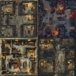 **top-down view of a large, industrial warehouse interior with a segmented layout, filled with interconnected rooms such as offices, storage closets, maintenance rooms, and supply rooms, metal shelving units and crates scattered throughout, narrow corridors and blocked sightlines, worn concrete floor with oil stains, one wall has a red flashing alarm light, gritty realistic texture, harsh industrial lighting, detailed grid-compatible design for tabletop RPG battle map, 2D isometric style, Dungeons & Dragons setting --v 6.0 --ar 1:1 --raw** - <@398622100233125890> (fast)